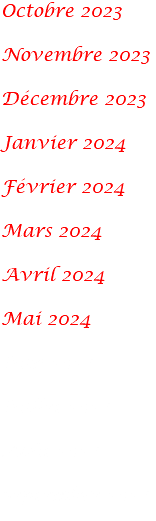 Octobre 2023 Novembre 2023 Décembre 2023 Janvier 2024 Février 2024 Mars 2024 Avril 2024 Mai 2024 Juin 2024 Juillet 2024 Août 2024 Septembre 2024