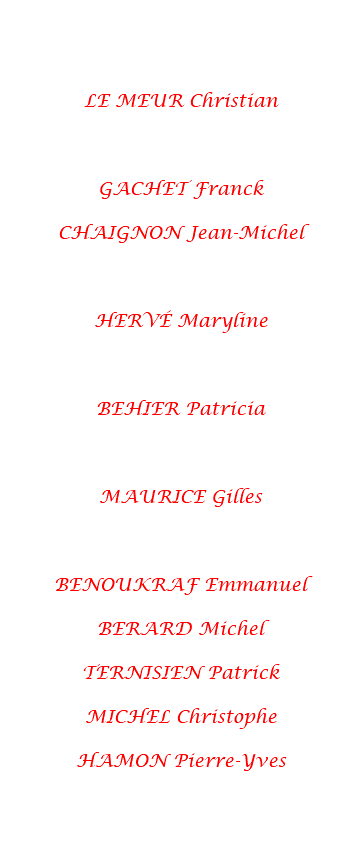 Liste des membres du bureau : Président : LE MEUR Christian Vice-Président : GACHET Franck CHAIGNON Jean-Michel Trésorière : HERVÉ Maryline Secrétaire : BEHIER Patricia Web-master : MAURICE Gilles Administrateurs : BENOUKRAF Emmanuel BERARD Michel TERNISIEN Patrick MICHEL Christophe HAMON Pierre-Yves 